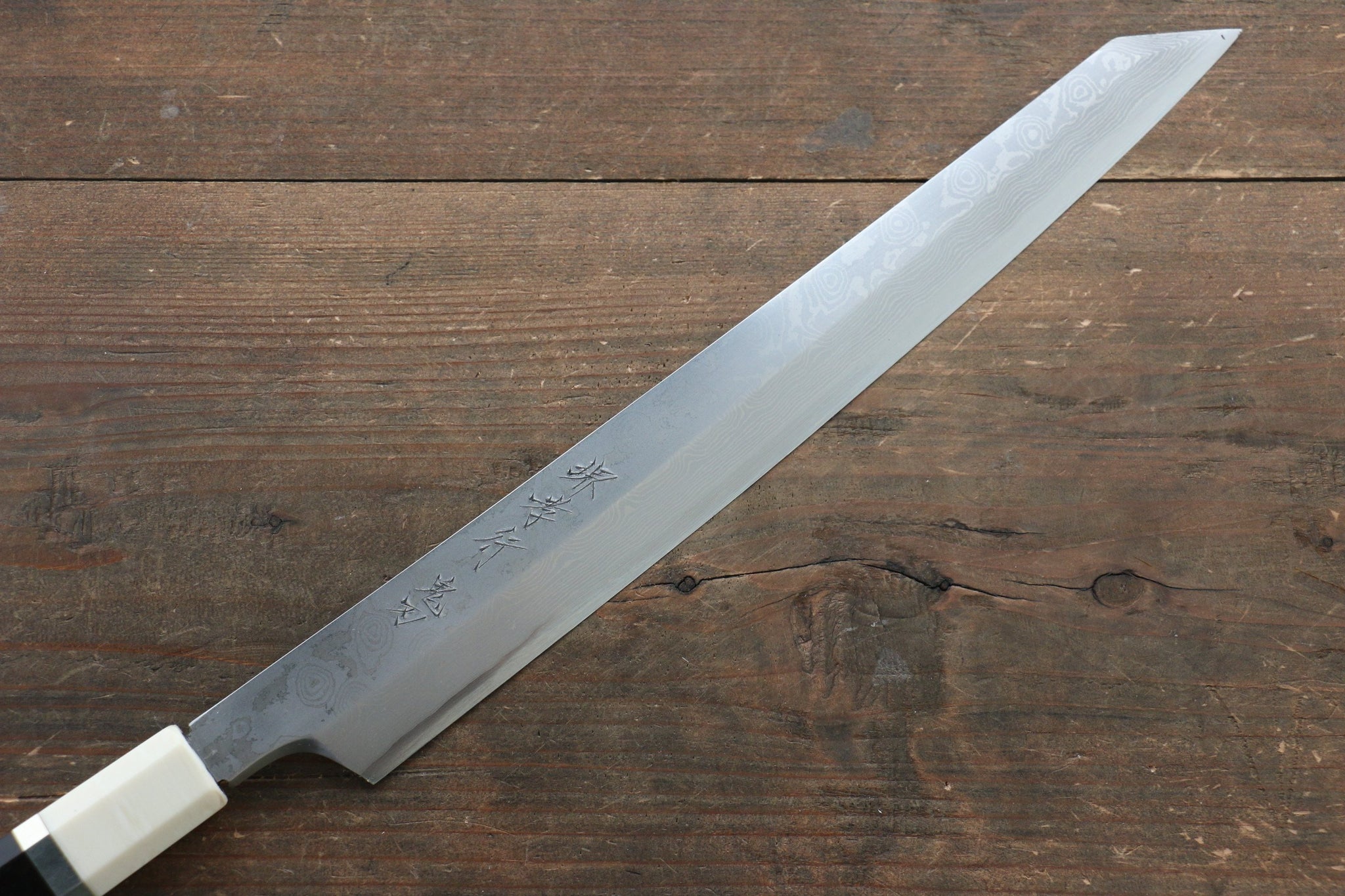 堺 孝行 銀三鋼 ダマスカス 切付柳刃包丁  300mm リング付き黒檀柄 鞘付き - 清助刃物
