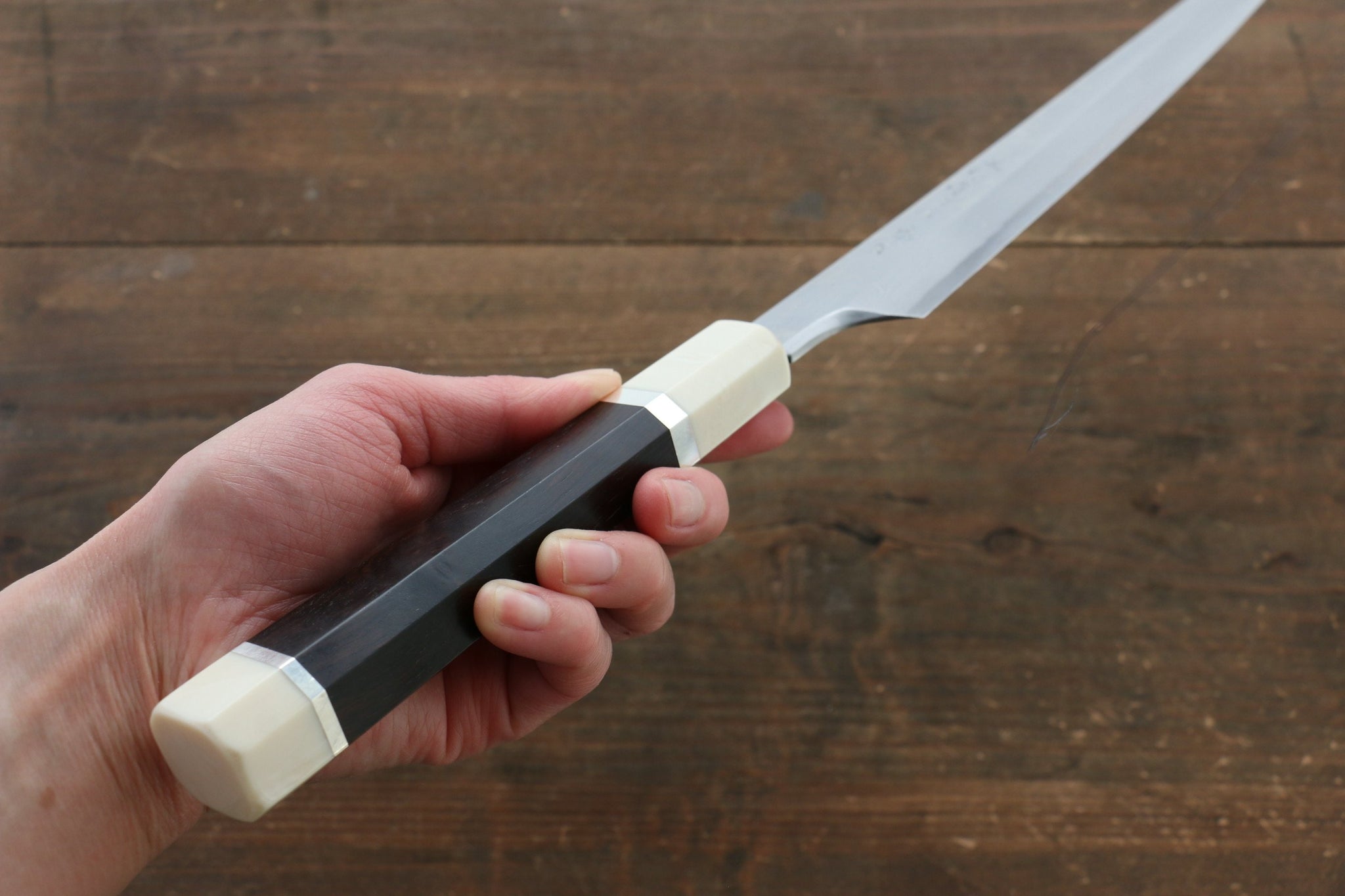 堺 孝行 銀三鋼 ダマスカス 切付柳刃包丁  300mm リング付き黒檀柄 鞘付き - 清助刃物