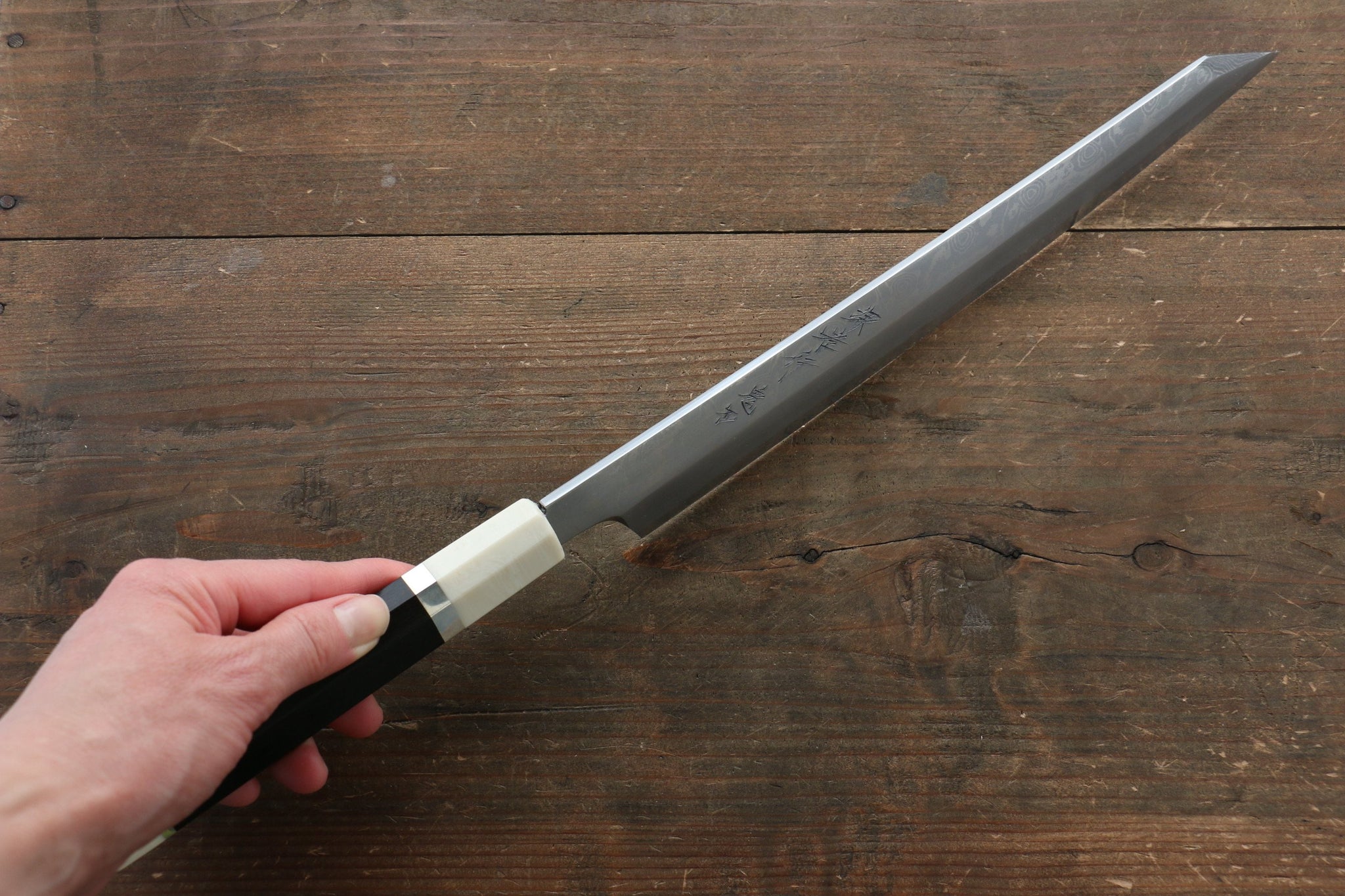 堺 孝行 銀三鋼 ダマスカス 切付柳刃包丁  270mm リング付き黒檀柄 鞘付き - 清助刃物