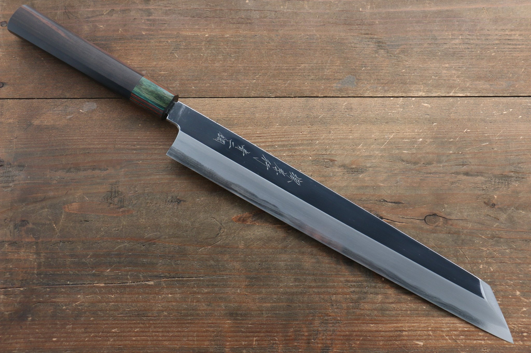 堺 孝行 青ニ鋼 鏡面仕上げ 切付柳刃包丁  300mm ウォルナット柄 鞘付き - 清助刃物