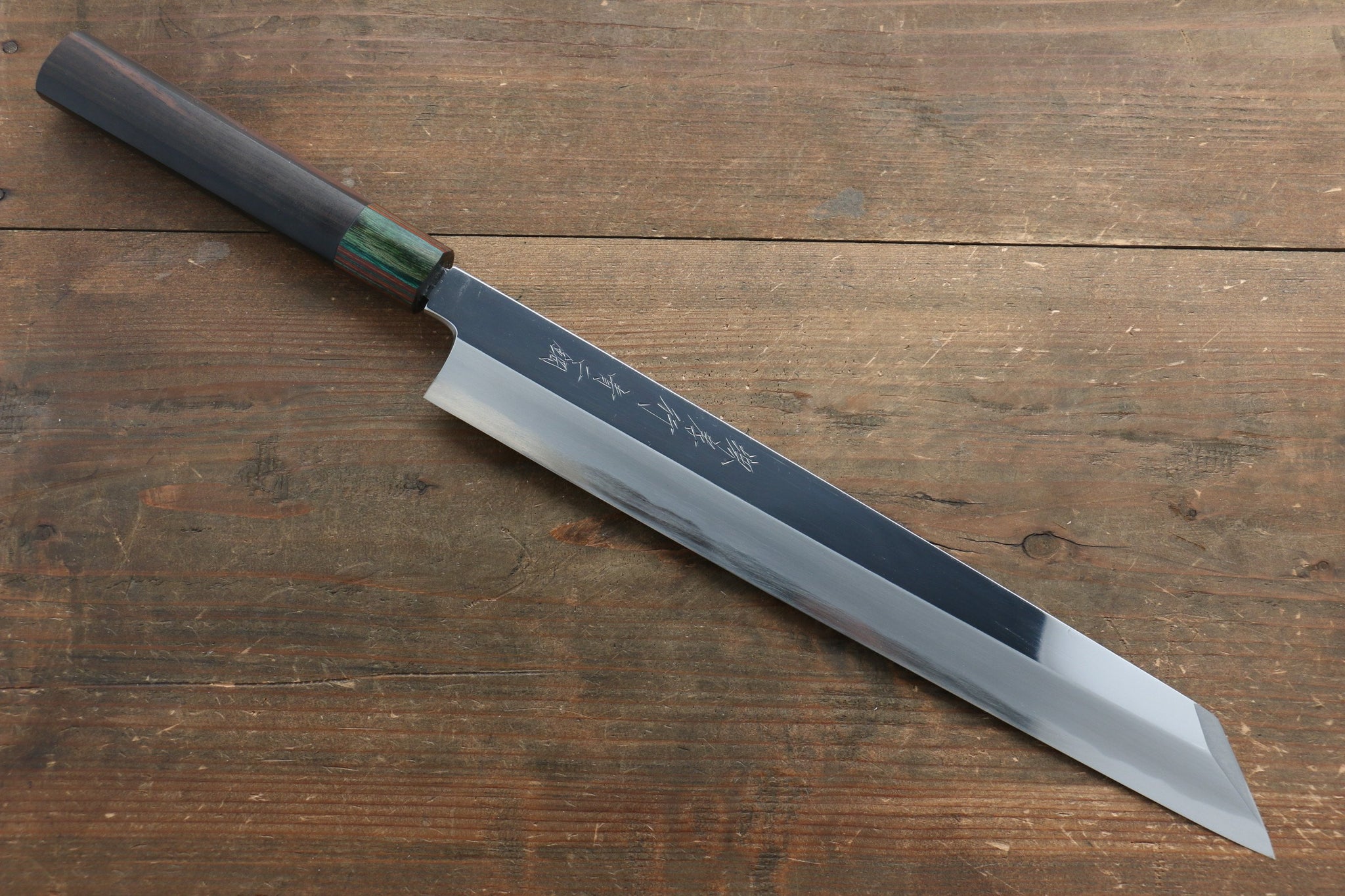 堺 孝行 青ニ鋼 鏡面仕上げ 切付柳刃包丁  300mm ウォルナット柄 鞘付き - 清助刃物