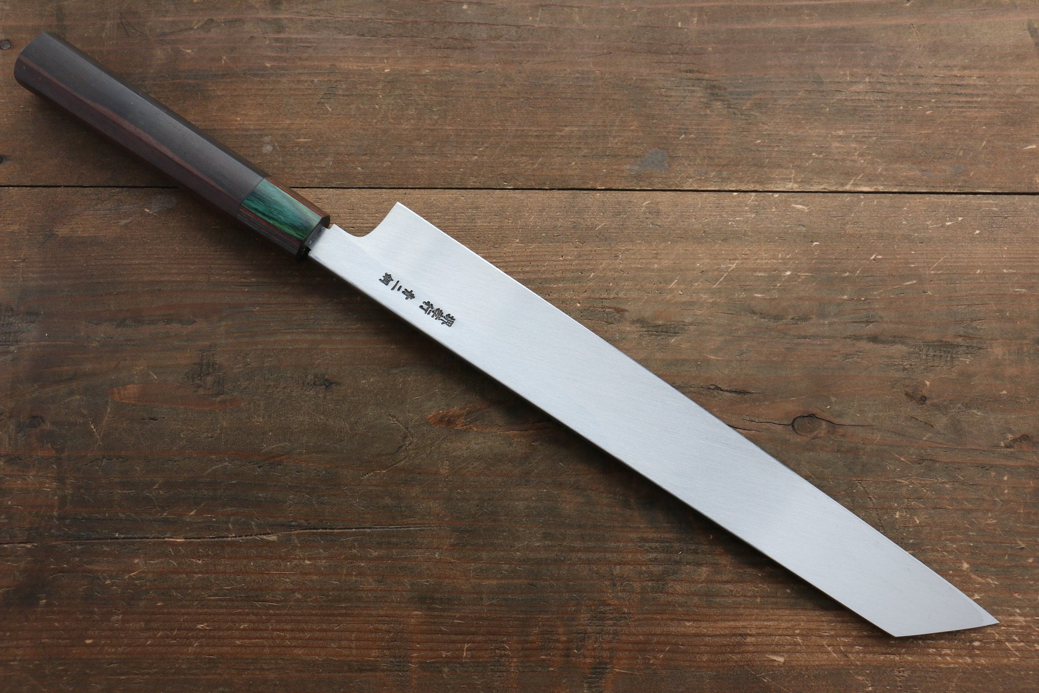堺 孝行 青ニ鋼 鏡面仕上げ 切付柳刃包丁  300mm ウォルナット柄 鞘付き - 清助刃物
