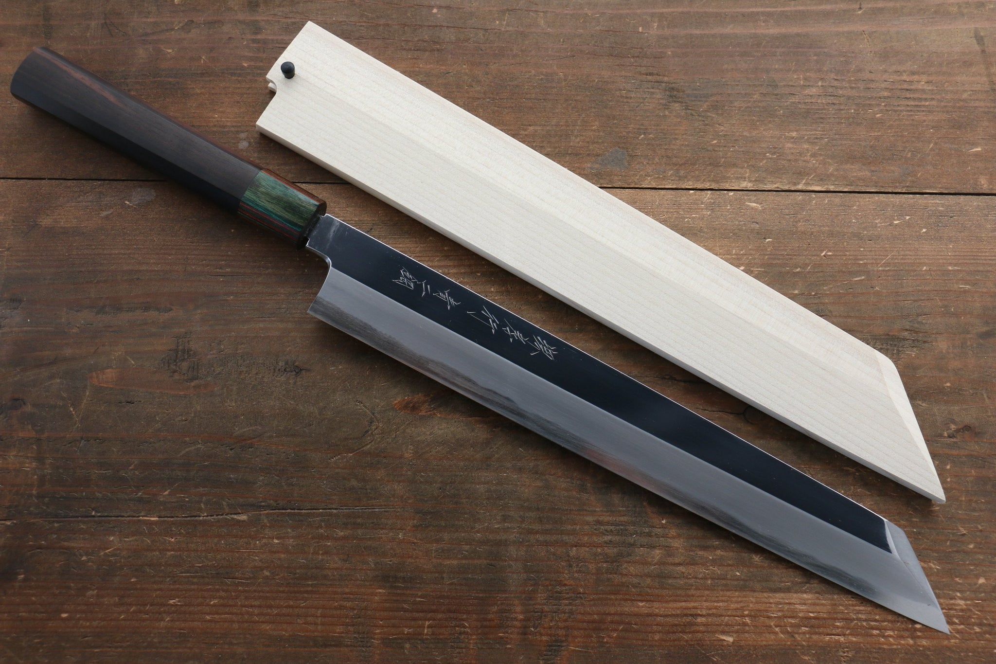 堺 孝行 青ニ鋼 鏡面仕上げ 切付柳刃包丁  300mm ウォルナット柄 鞘付き - 清助刃物