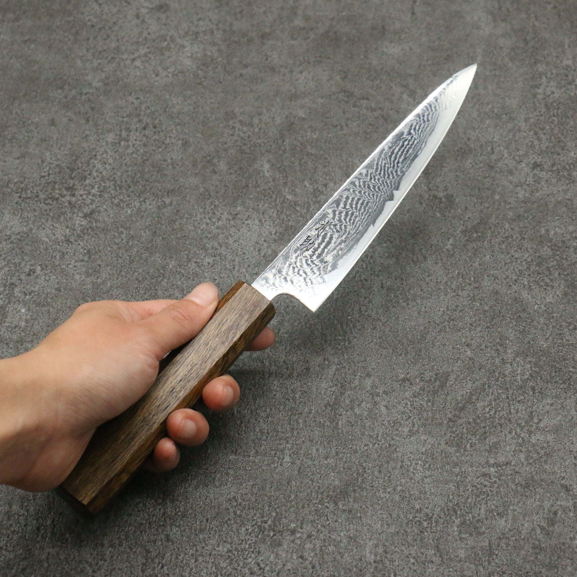清助 波 AUS10 鏡面仕上げ ダマスカス ペティーナイフ 和包丁 150mm 樫柄 - 清助刃物