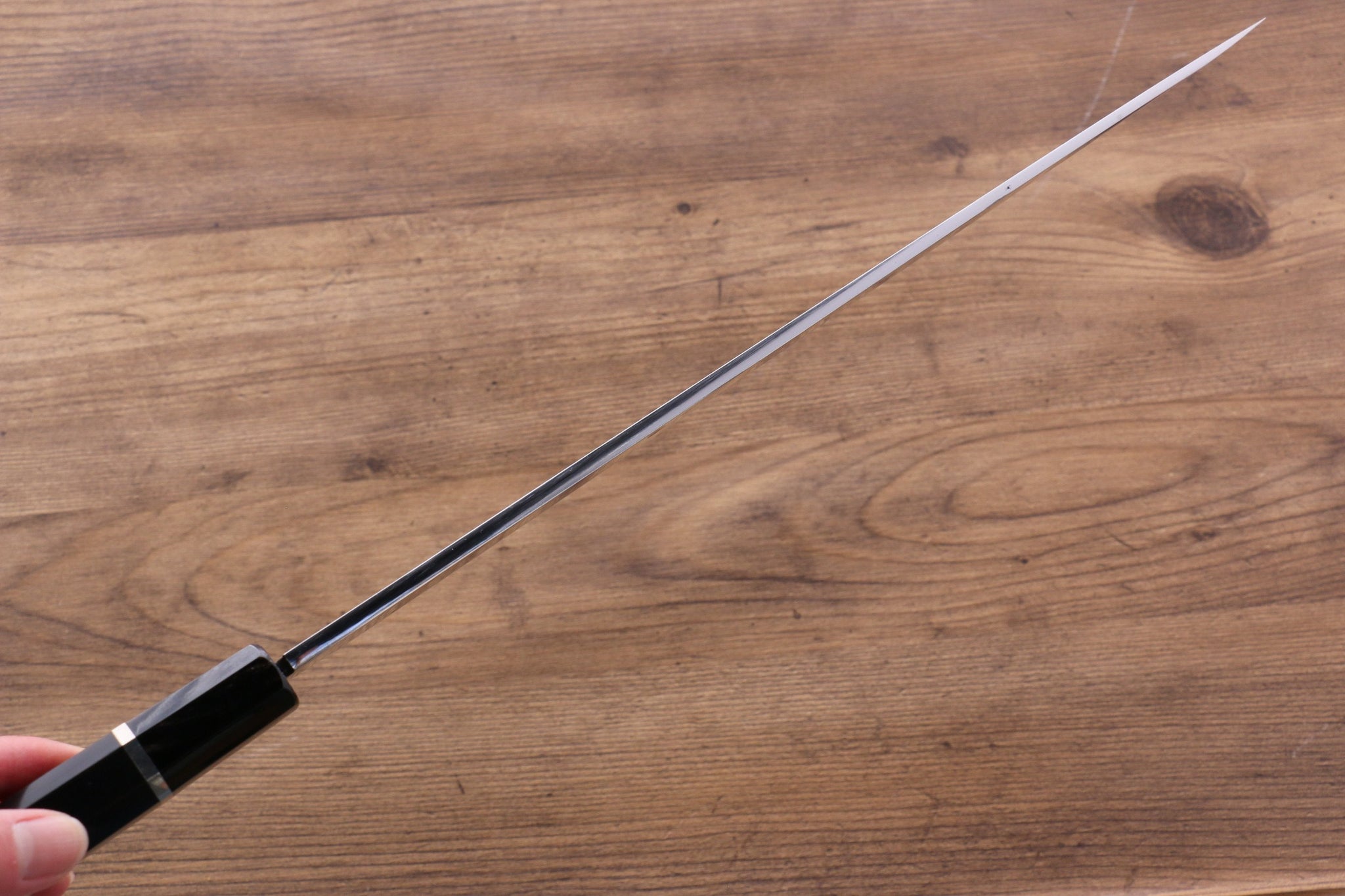 堺 孝行  富士山 本焼 白ニ鋼 鏡面仕上げ 柳刃包丁  300mm リング付き黒檀柄 鞘付き - 清助刃物