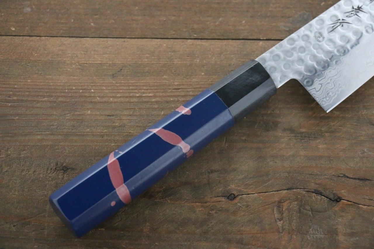 堺 孝行 45層 ダマスカス 鎚目 牛刀包丁 240mm 青漆塗り 鞘付き - 清助刃物