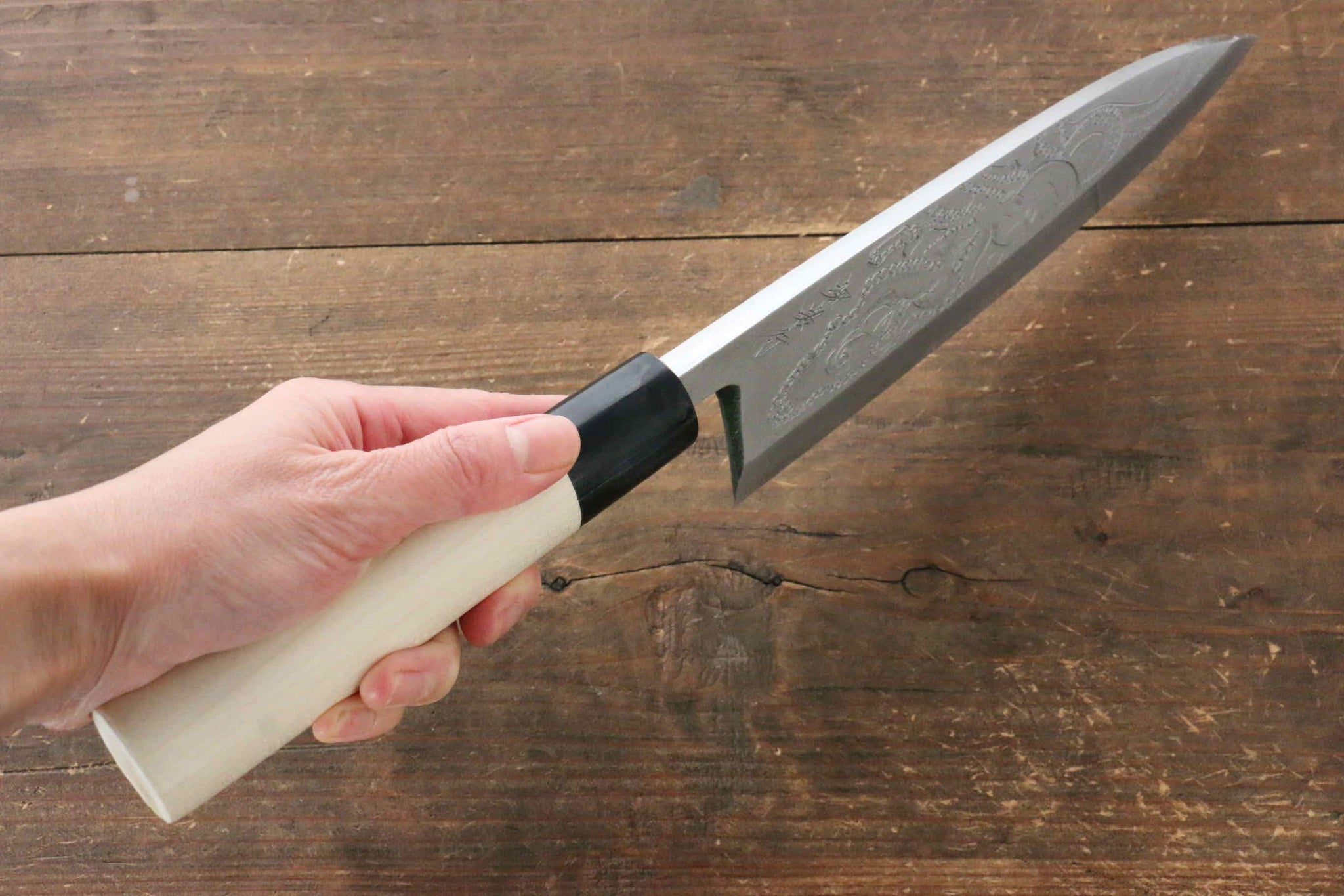 堺 孝行 霞研 白鋼 タコの彫刻入り 出刃包丁  朴柄 - 清助刃物