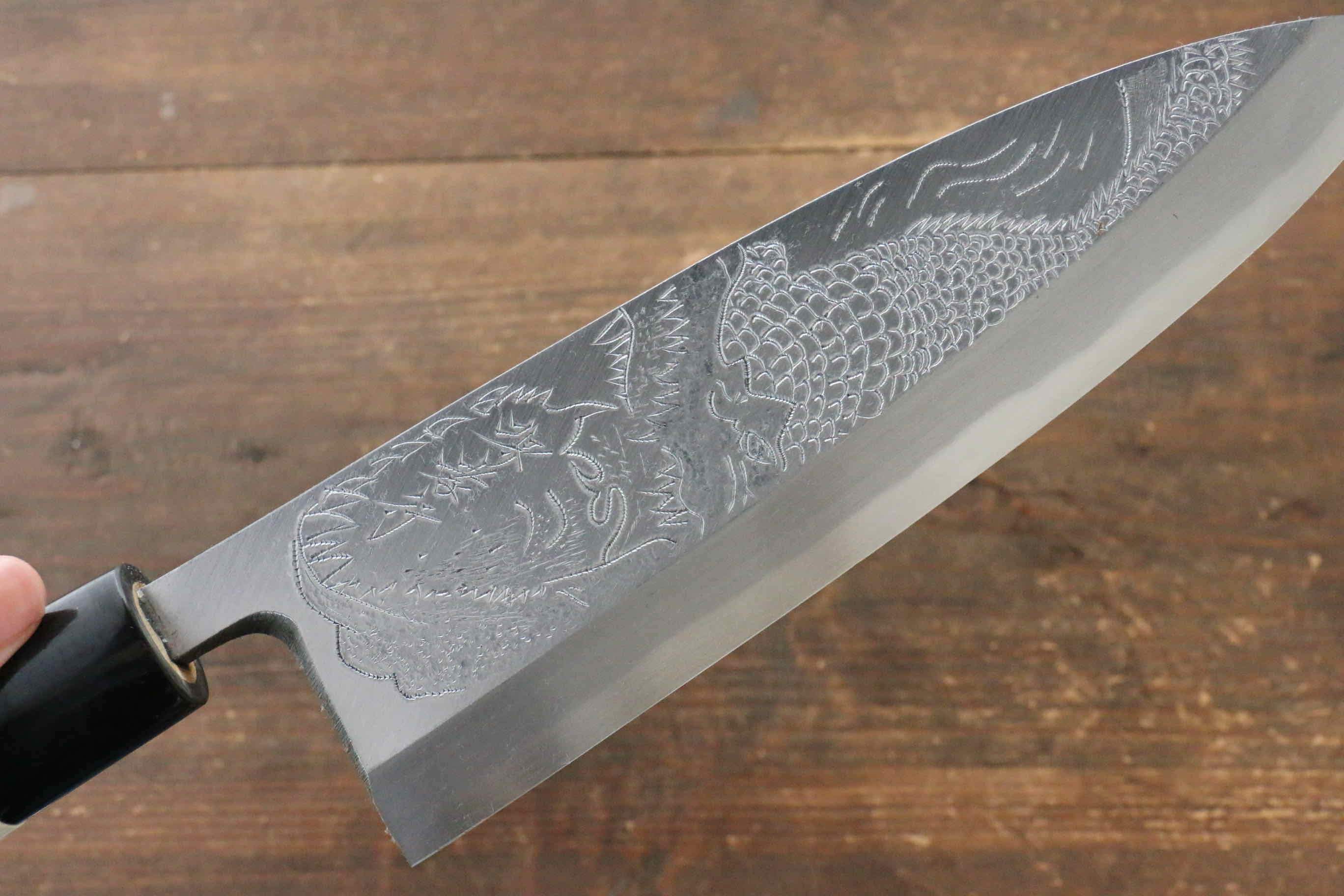 堺 孝行 霞研 白鋼 ワニの彫刻入り 出刃包丁 朴柄 – 清助刃物