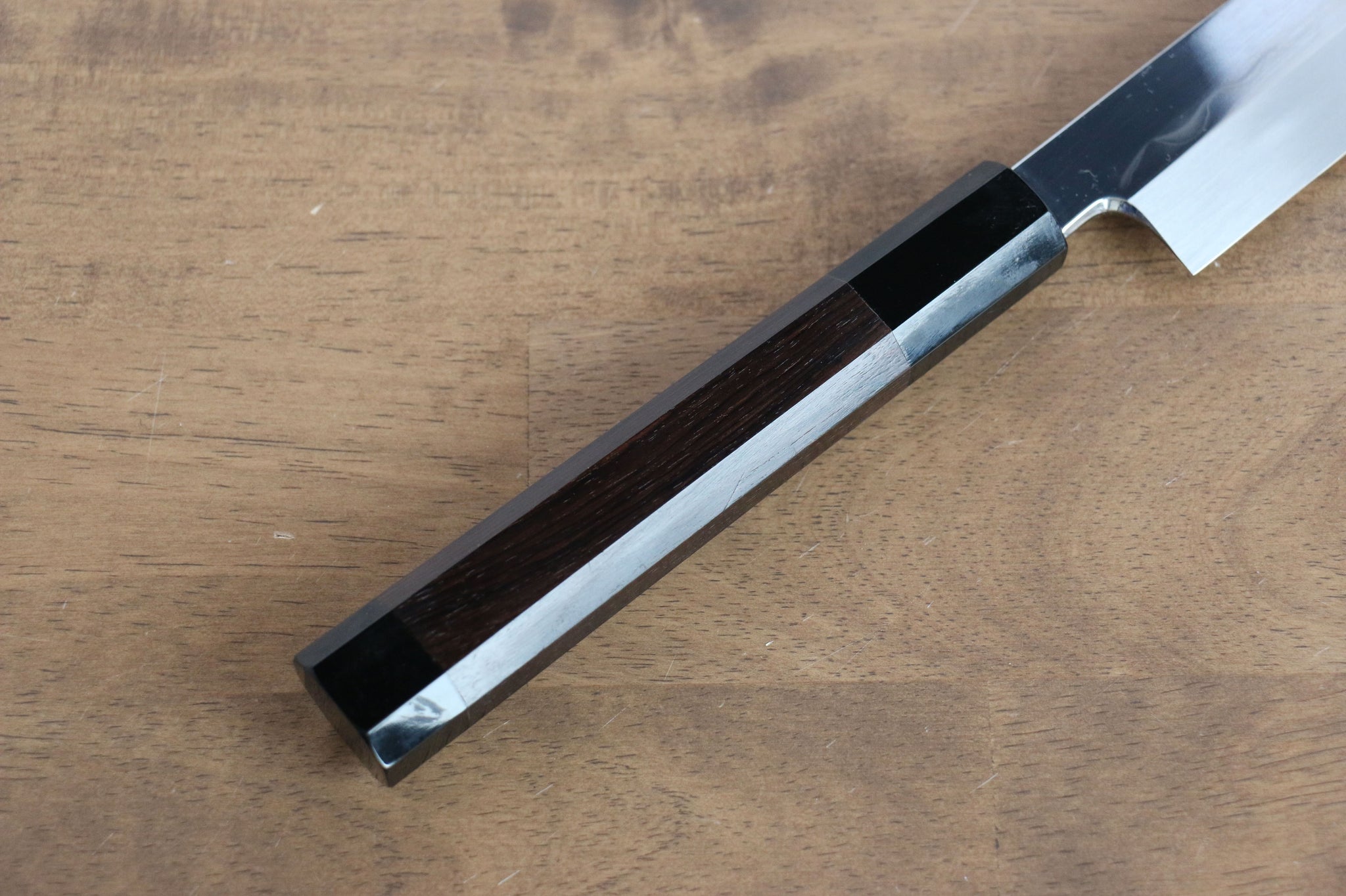 堺 孝行 水本焼 白ニ鋼 鏡面仕上げ 先丸柳刃包丁  300mm 黒檀(両側水牛リング付き）柄 鞘付き - 清助刃物