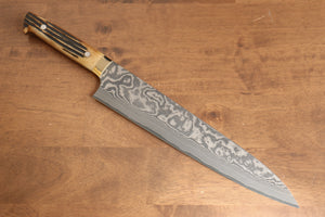 佐治 武士 V金10号 黒ダマスカス 牛刀包丁  270mm 茶牛骨柄 - 清助刃物