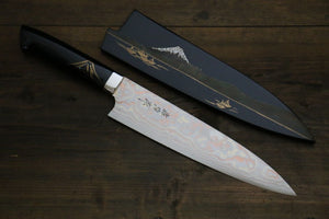 佐治 武士 蒔絵 青ニ鋼 有色ダマスカス 牛刀包丁 和包丁 210mm 漆塗り柄 - 清助刃物