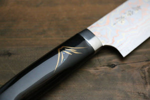 佐治 武士 蒔絵 青ニ鋼 有色ダマスカス 牛刀包丁 和包丁 210mm 漆塗り柄 - 清助刃物