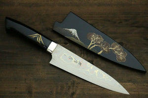 佐治 武士 蒔絵 青ニ鋼 有色ダマスカス ペティーナイフ  150mm 漆塗り柄 - 清助刃物